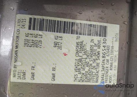 2015 Nissan Altima 2.5/2.5 S/2.5 Sl/2.5 Sv z USA, uszkodzony, nr VIN 1N4AL3AP5FN865430